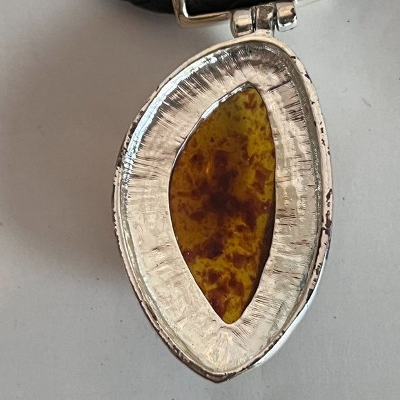 Faux Amber Silver Tone Pendant Leather Braided Cord Chain Necklace - Picture 3 of 4